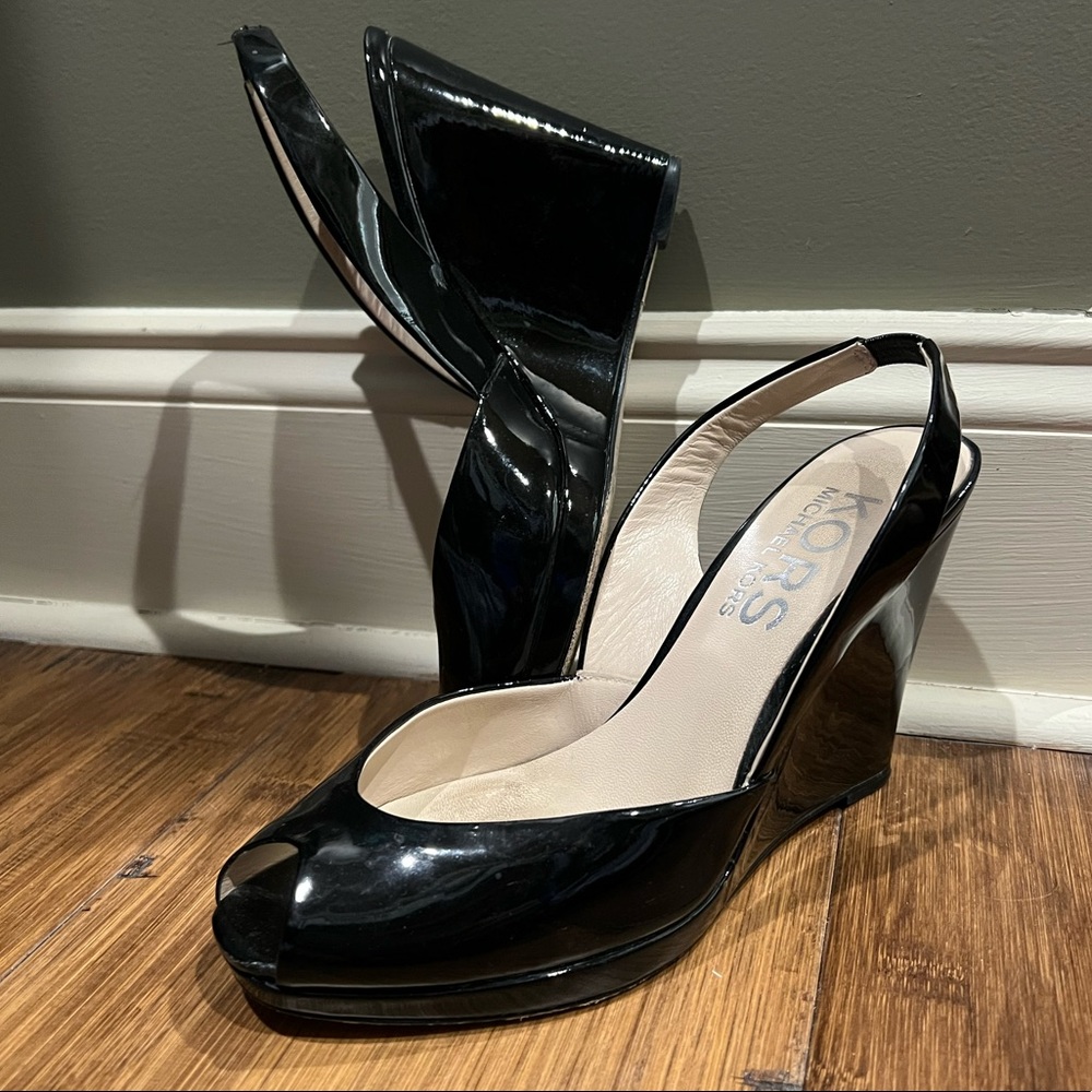 Michael Kors Black Patent Leather Wedge Heels size 7.5